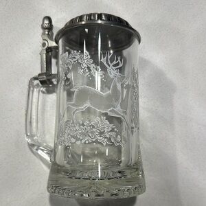 Vintage German Glass Tankard Beer Stein Pewter Lid 2 Etched Deer Nature scene